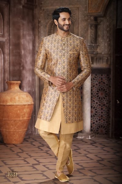 Luxurious Golden High End Indo Western Outfit for Men with Stylish Pant Kurta Pajama Wholesale