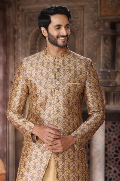 Luxurious Golden High End Indo Western Outfit for Men with Stylish Pant Kurta Pajama Wholesale
