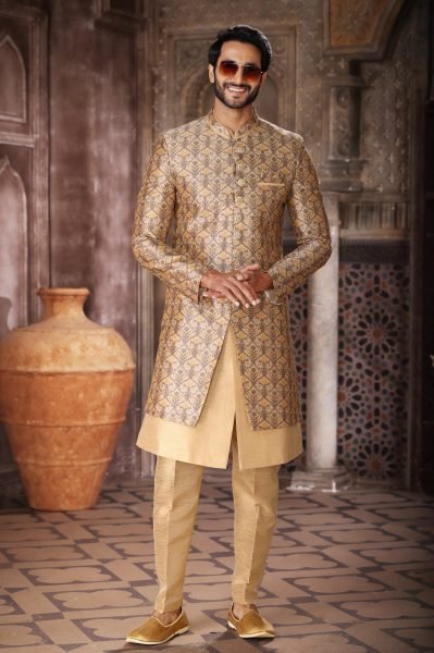 Luxurious Golden High End Indo Western Outfit for Men with Stylish Pant Kurta Pajama Wholesale