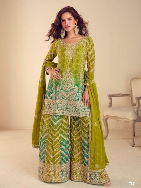 Luxurious Green Real Chinon Embroidered Palazzo Suit for Wedding Functions 