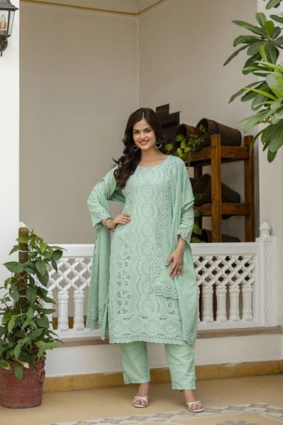 Luxurious Green Stylish Chikankari Work Kurti Pant Set for Daily and Office Wear Cotton Kurtis Wholesale