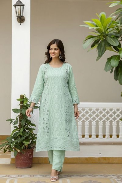 Luxurious Green Stylish Chikankari Work Kurti Pant Set for Daily and Office Wear Cotton Kurtis Wholesale