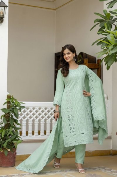 Luxurious Green Stylish Chikankari Work Kurti Pant Set for Daily and Office Wear Cotton Kurtis Wholesale