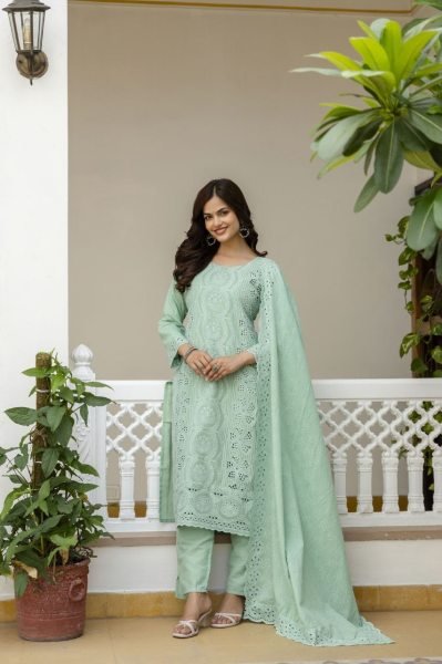 Luxurious Green Stylish Chikankari Work Kurti Pant Set for Daily and Office Wear Cotton Kurtis Wholesale