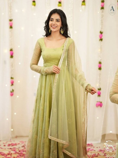 Luxurious Green Women's Party Wear Anarkali Gown with Butterfly Net Dupatta Ready To Wear Suit