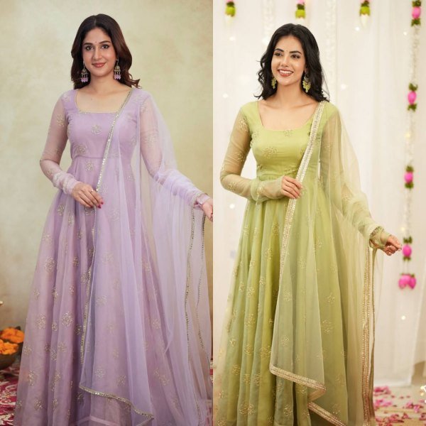 Luxurious Green Women's Party Wear Anarkali Gown with Butterfly Net Dupatta Ready To Wear Collection