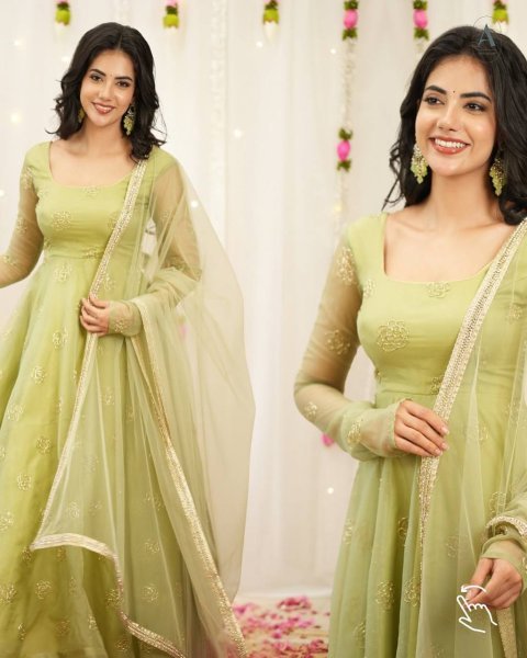 Luxurious Green Women's Party Wear Anarkali Gown with Butterfly Net Dupatta Ready To Wear Collection