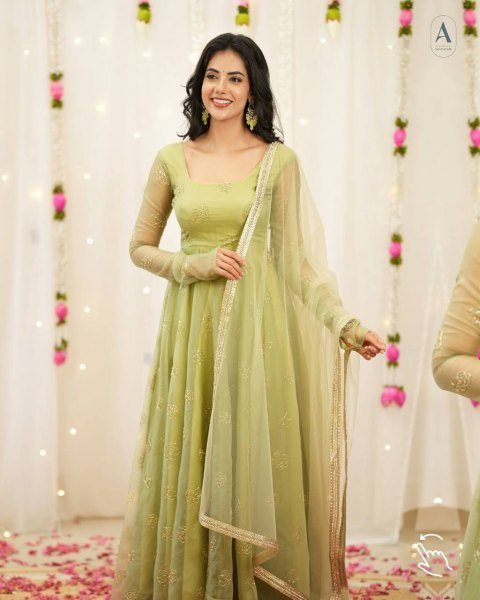 Luxurious Green Women's Party Wear Anarkali Gown with Butterfly Net Dupatta Ready To Wear Collection