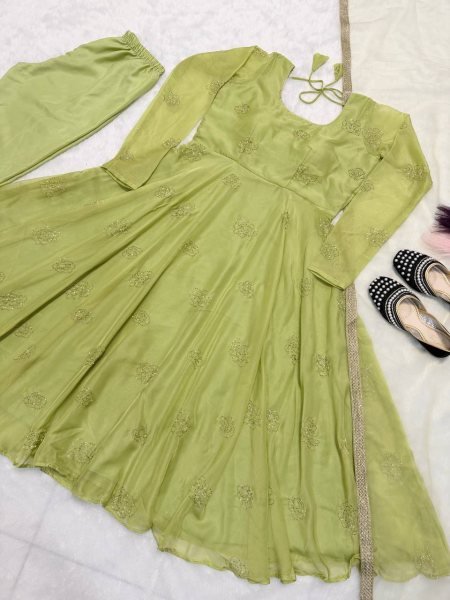 Luxurious Green Women's Party Wear Anarkali Gown with Butterfly Net Dupatta Ready To Wear Collection