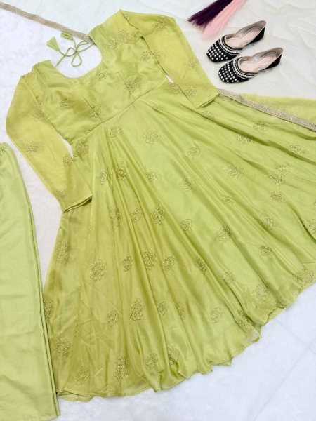 Luxurious Green Women's Party Wear Anarkali Gown with Butterfly Net Dupatta Ready To Wear Collection