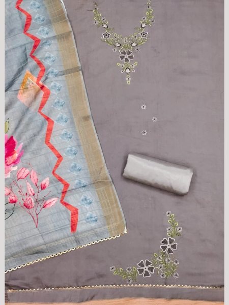 Luxurious Grey Color Roman Silk dress materials Collection with Maslin Digital Print Dupatta Color Set Matching Dress Material Wholesale