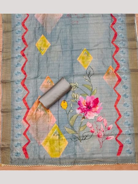 Luxurious Grey Color Roman Silk dress materials Collection with Maslin Digital Print Dupatta Color Set Matching Dress Material Wholesale
