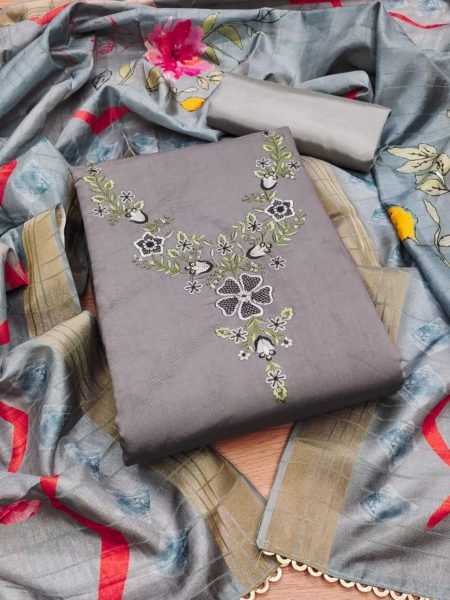 Luxurious Grey Color Roman Silk dress materials Collection with Maslin Digital Print Dupatta Color Set Matching Dress Material Wholesale