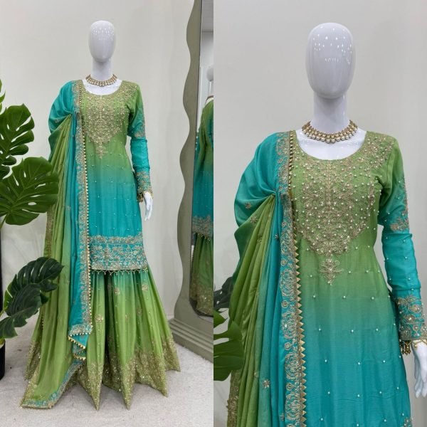 Luxurious Heavy Chinon Suit Set with Pearl and Sequins Embroidery Work, Sharara, and Fancy Lace Dupatta For Women  Ready To Wear Collection