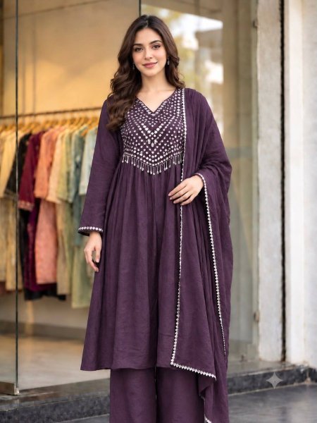 Luxurious Lavender Kurti Set With Beautiful Mirror Work On Neck Line For Festival Season Kurtis