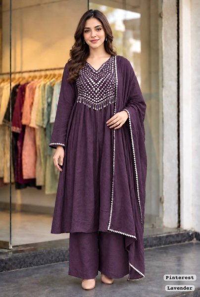 Luxurious Lavender Kurti Set With Beautiful Mirror Work On Neck Line For Festival Season Anarkali Kurtis 