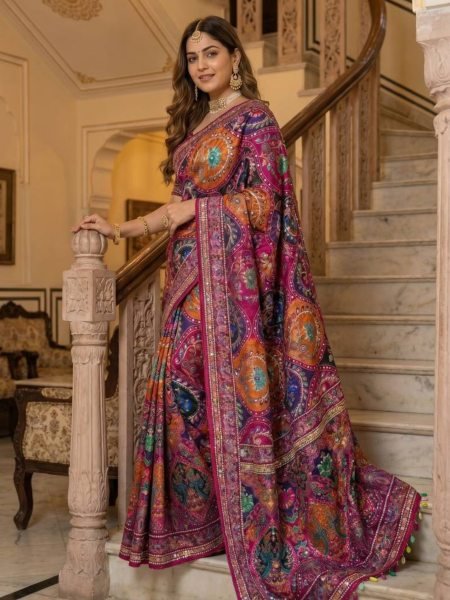 Luxurious Multi Roman Silk Ajrakh Print Saree with Mirror Work for Festive Wear Sarees 