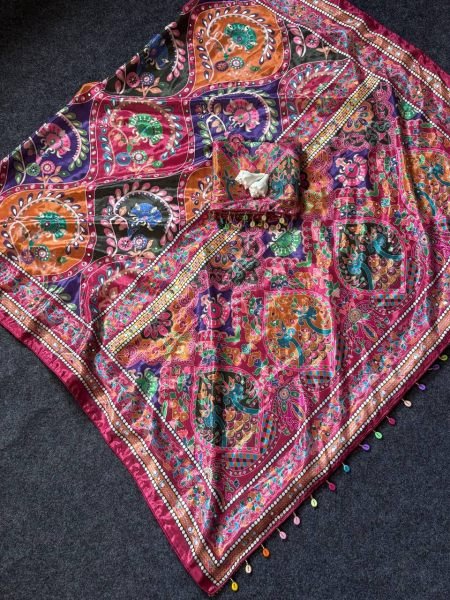 Sophisticated Multi Roman Silk Ajrakh Print Saree with Mirror Work for Festive Wear Silk Sarees Wholesale