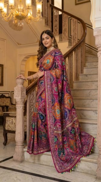 Sophisticated Multi Roman Silk Ajrakh Print Saree with Mirror Work for Festive Wear Silk Sarees Wholesale