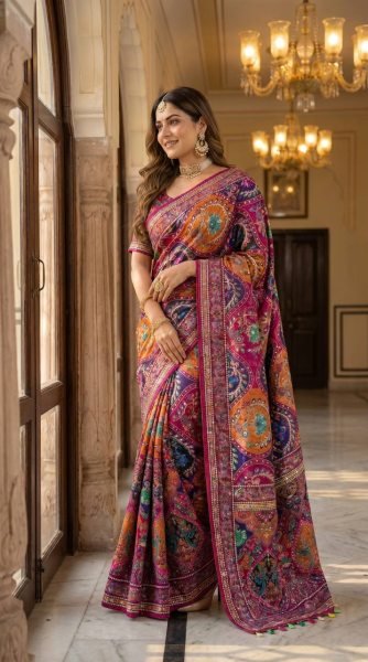 Sophisticated Multi Roman Silk Ajrakh Print Saree with Mirror Work for Festive Wear Silk Sarees Wholesale
