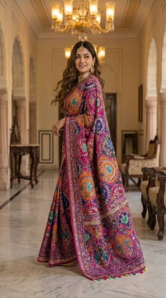 Sophisticated Multi Roman Silk Ajrakh Print Saree with Mirror Work for Festive Wear Silk Sarees Wholesale