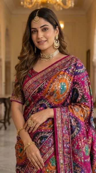 Sophisticated Multi Roman Silk Ajrakh Print Saree with Mirror Work for Festive Wear Silk Sarees Wholesale