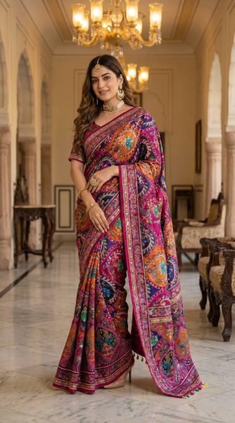 Sophisticated Multi Roman Silk Ajrakh Print Saree with Mirror Work for Festive Wear Silk Sarees Wholesale