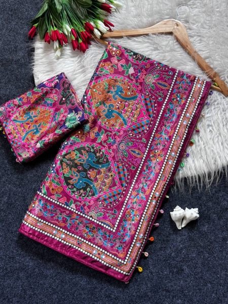 Sophisticated Multi Roman Silk Ajrakh Print Saree with Mirror Work for Festive Wear Silk Sarees Wholesale