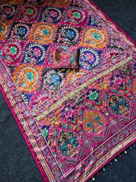 Sophisticated Multi Roman Silk Ajrakh Print Saree with Mirror Work for Festive Wear Silk Sarees Wholesale