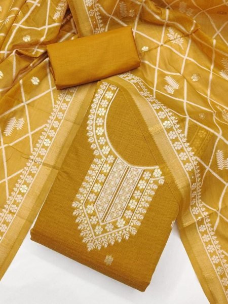 Luxurious Mustard Yellow Chanderi Weaving Jacquard Suit Set for Women Daily Wear Dress Material 