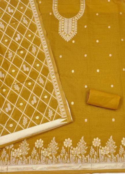 Luxurious Mustard Yellow Chanderi Weaving Jacquard Suit Set for Women Daily Wear Color Set Matching Dress Material Wholesale