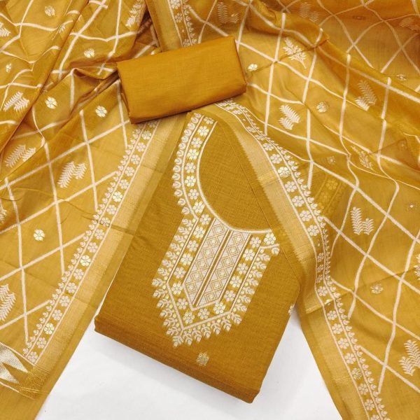 Luxurious Mustard Yellow Chanderi Weaving Jacquard Suit Set for Women Daily Wear Color Set Matching Dress Material Wholesale