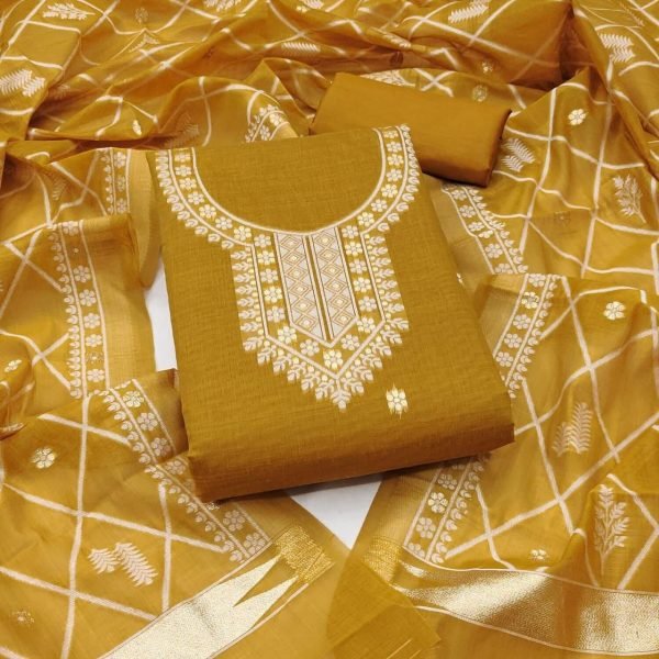 Luxurious Mustard Yellow Chanderi Weaving Jacquard Suit Set for Women Daily Wear Color Set Matching Dress Material Wholesale