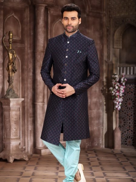 Luxurious Navy Blue Jacquard Silk Indo Western Sherwani with Embroidery Work Mens Wear