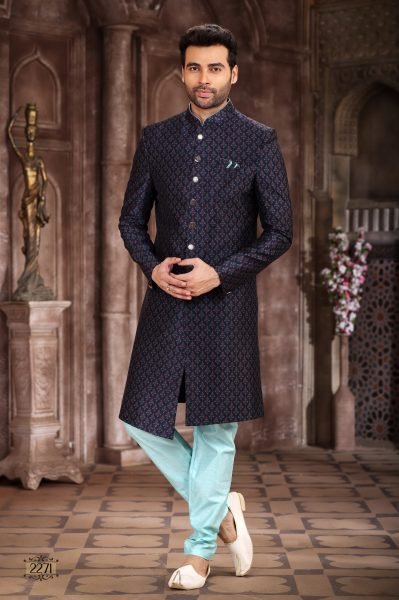 Luxurious Navy Blue Jacquard Silk Indo Western Sherwani with Embroidery Work Kurta Pajama Wholesale