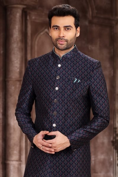 Luxurious Navy Blue Jacquard Silk Indo Western Sherwani with Embroidery Work Kurta Pajama Wholesale
