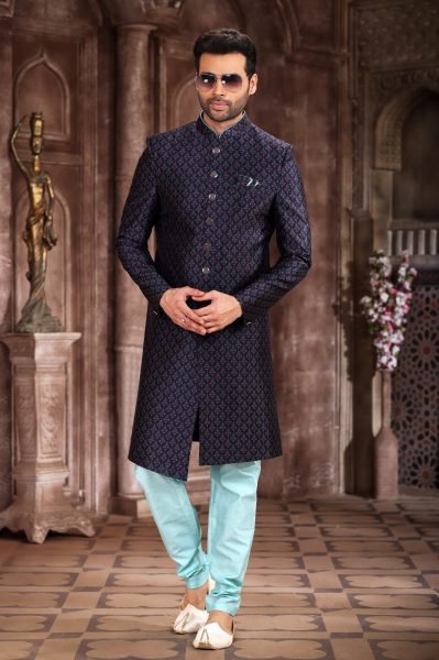 Luxurious Navy Blue Jacquard Silk Indo Western Sherwani with Embroidery Work Kurta Pajama Wholesale