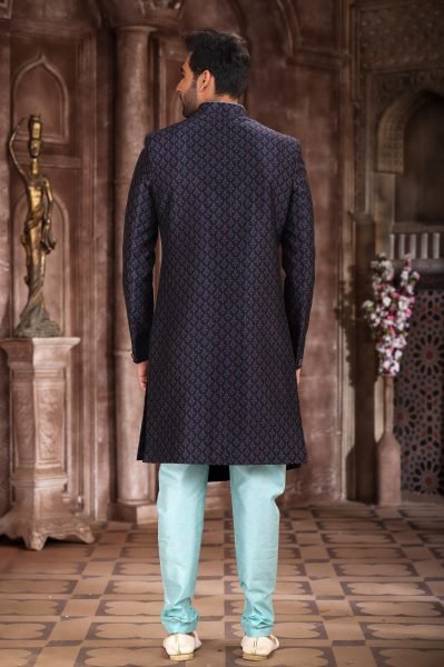 Luxurious Navy Blue Jacquard Silk Indo Western Sherwani with Embroidery Work Kurta Pajama Wholesale