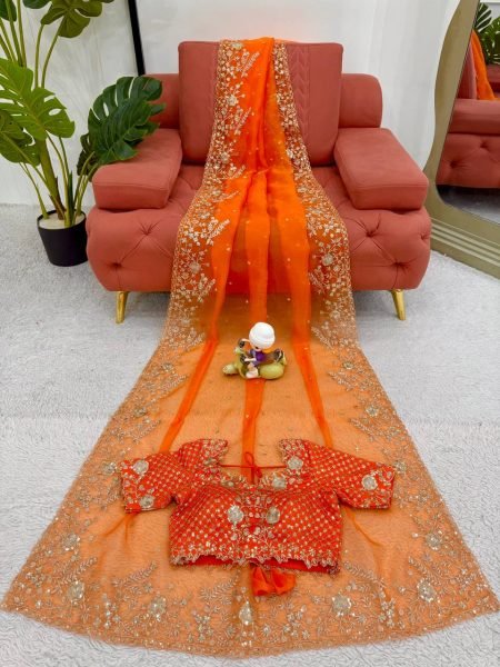 Luxurious Orange Organza Silk Saree with Thread And Sequin Embroidery Work At Wholesale Rates Organza Sarees Wholesale