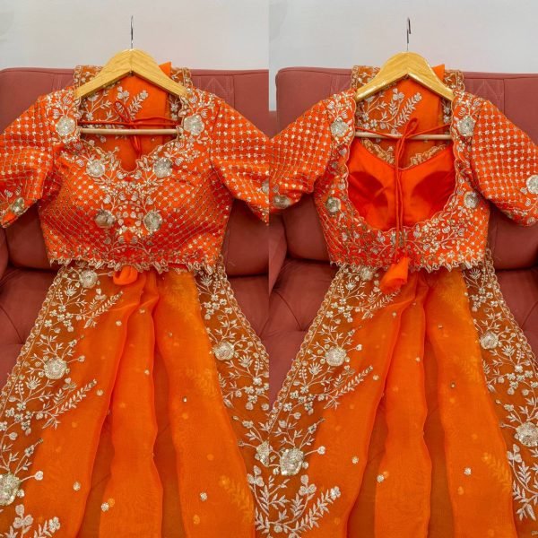 Luxurious Orange Organza Silk Saree with Thread And Sequin Embroidery Work At Wholesale Rates Organza Sarees Wholesale