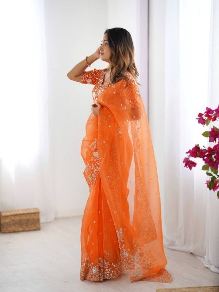 Luxurious Orange Organza Silk Saree with Thread And Sequin Embroidery Work At Wholesale Rates Organza Sarees Wholesale