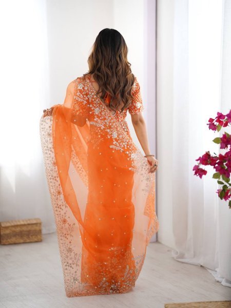 Luxurious Orange Organza Silk Saree with Thread And Sequin Embroidery Work At Wholesale Rates Organza Sarees Wholesale