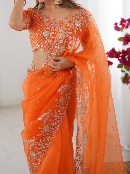 Luxurious Orange Organza Silk Saree with Thread And Sequin Embroidery Work At Wholesale Rates Organza Sarees Wholesale