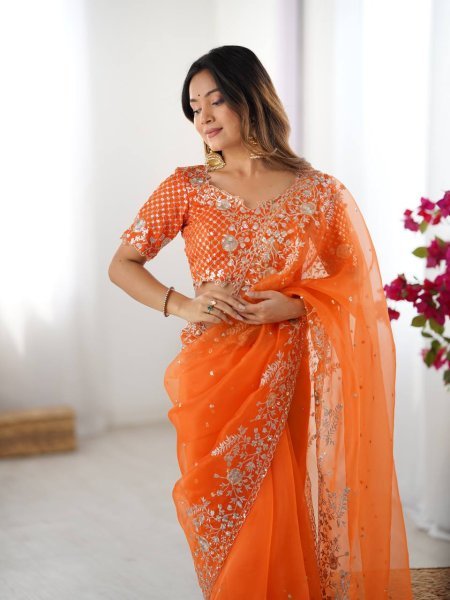 Luxurious Orange Organza Silk Saree with Thread And Sequin Embroidery Work At Wholesale Rates Organza Sarees Wholesale