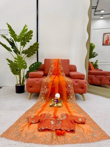 Luxurious Orange Organza Silk Saree with Thread And Sequin Embroidery Work At Wholesale Rates Organza Sarees Wholesale
