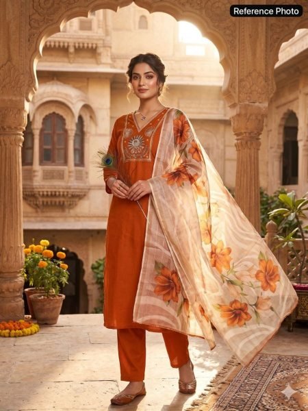 Luxurious Orange Roman Silk Suit Set with Beads and Moti Work for Festive Wear  Straight Cut Long Kurtis