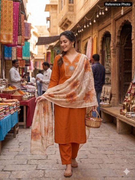 Luxurious Orange Roman Silk Suit Set with Beads and Moti Work for Festive Wear  Straight Cut Long Kurtis