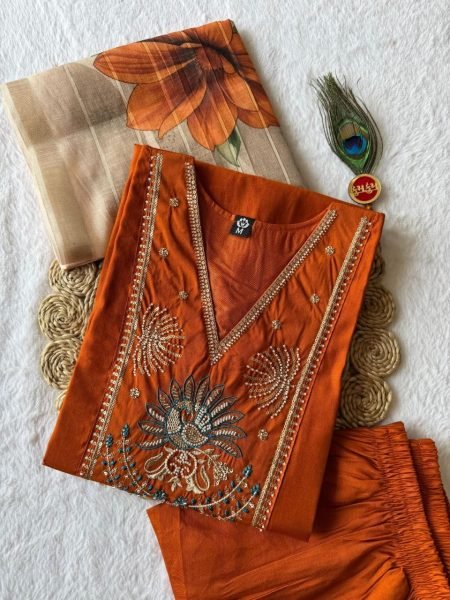 Luxurious Orange Roman Silk Suit Set with Beads and Moti Work for Festive Wear  Straight Cut Long Kurtis