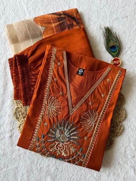 Luxurious Orange Roman Silk Suit Set with Beads and Moti Work for Festive Wear  Straight Cut Long Kurtis