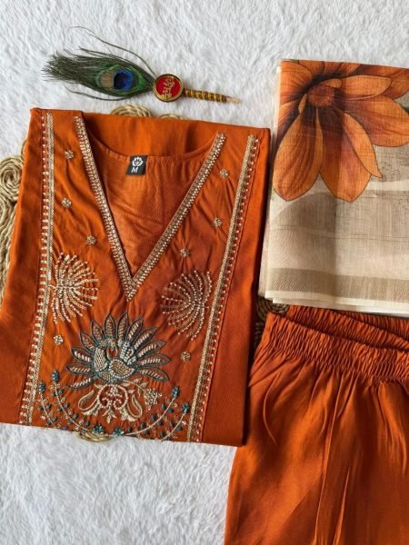 Luxurious Orange Roman Silk Suit Set with Beads and Moti Work for Festive Wear  Straight Cut Long Kurtis